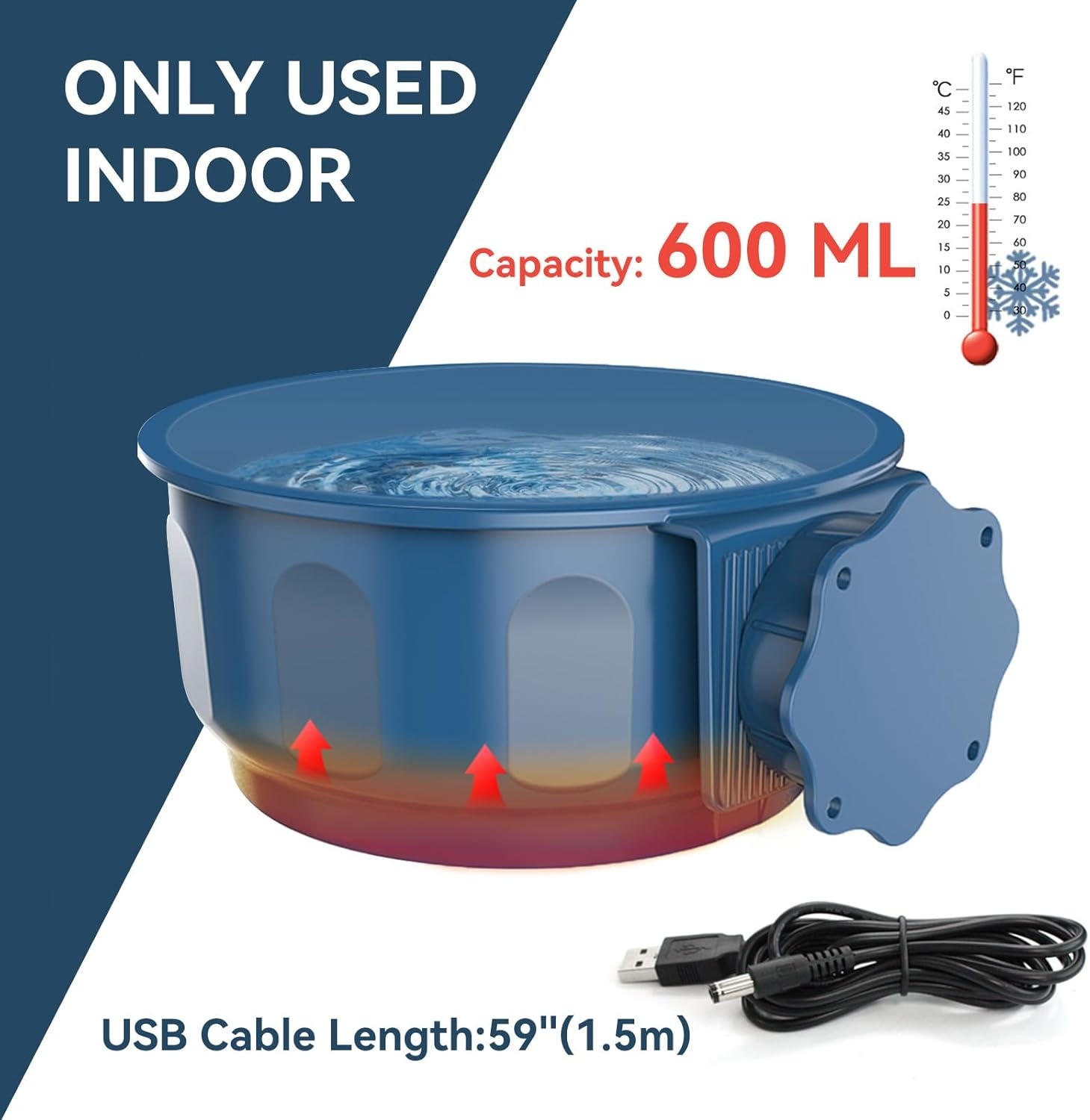 image:imageENJOYING Heated Water Bowl for Cats Indoor 06 L Thermal WaterFood Hanging Heated Pet Bowl for Rabbits Chickens Small Dogs Birds Pet Cage Dish Crate Use SelfAssembly BlueBlue