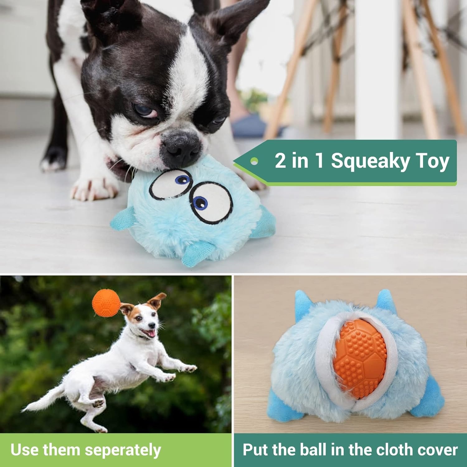 image:imageEnjoying Dog Interactive Toys 2in1 Dog Plush Squeaky Small Balls Pet Toys Halloween Xmas for Small Medium Large Dogs Blue MonsterBlue
