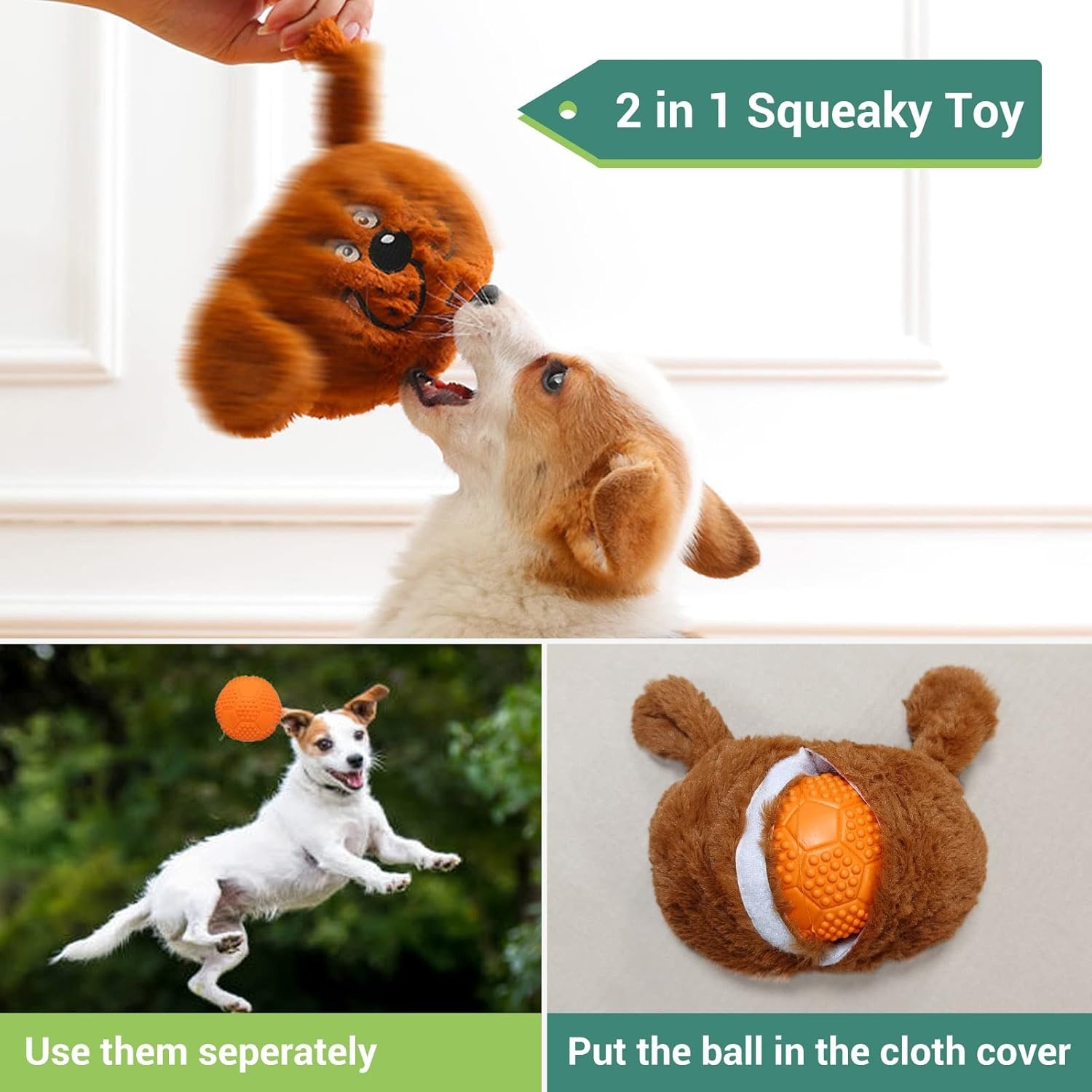 image:imageEnjoying Dog Interactive Toys 2in1 Dog Plush Squeaky Small Balls Pet Toys Halloween Xmas for Small Medium Large Dogs Blue MonsterBrown