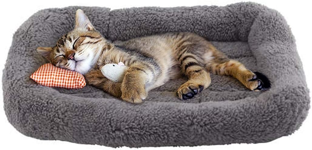 image:imageEnjoying Plush Cat Bed Mat Diameter 195 Round Pad with Pillow Around for Cats Dogs RelyingCurling Sleep Warm Dog Cushion for Crates Antiskid Bottom Large GraySmallRectangular