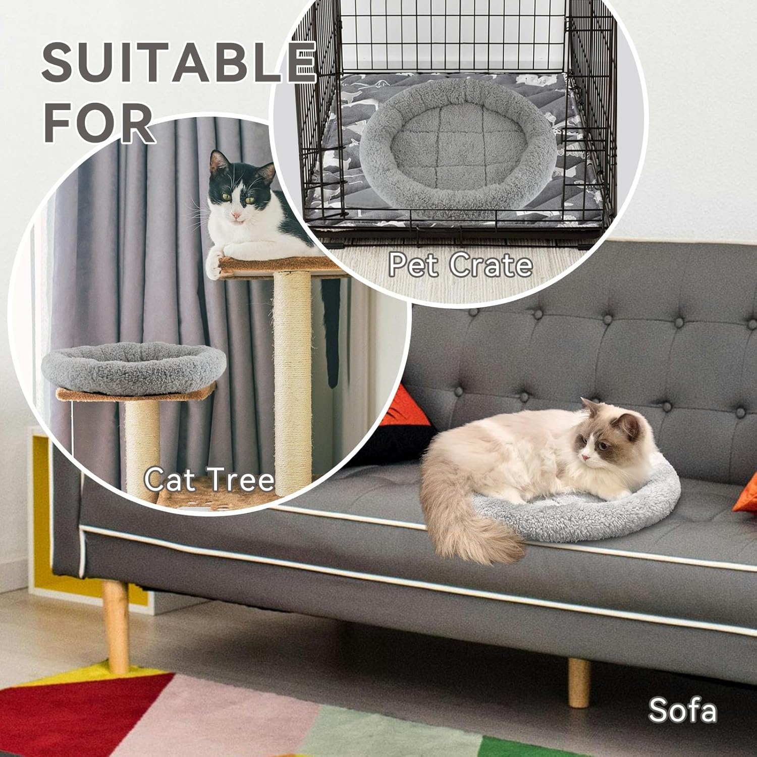 image:imageEnjoying Plush Cat Bed Mat Diameter 195 Round Pad with Pillow Around for Cats Dogs RelyingCurling Sleep Warm Dog Cushion for Crates Antiskid Bottom Large GraySmallRound