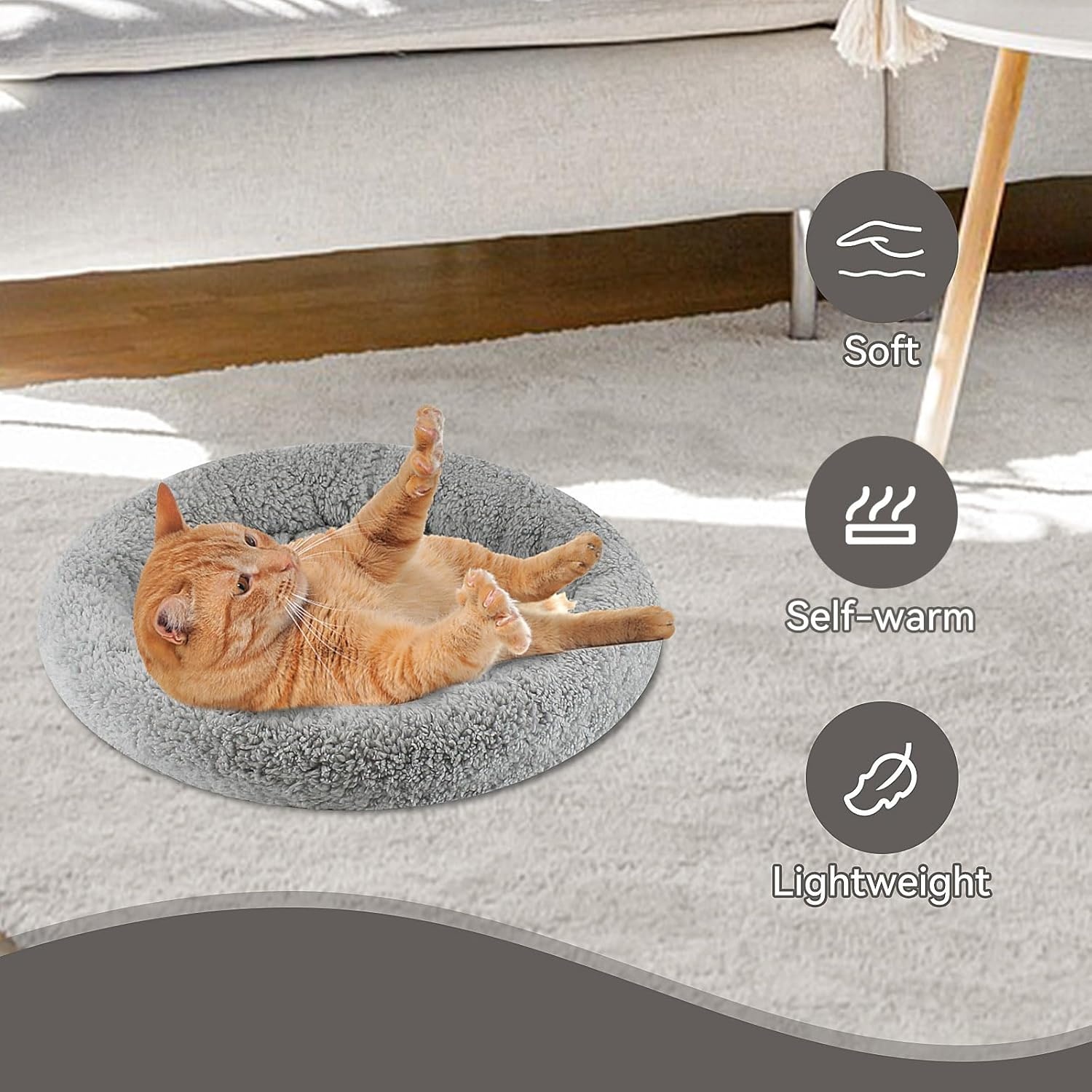 image:imageEnjoying Plush Cat Bed Mat Diameter 195 Round Pad with Pillow Around for Cats Dogs RelyingCurling Sleep Warm Dog Cushion for Crates Antiskid Bottom Large GraySmallRound