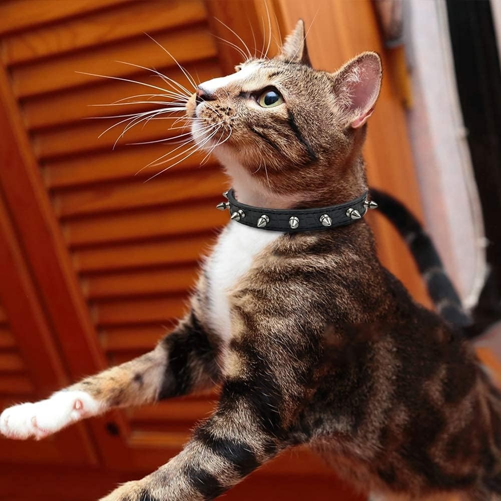 image:imageEnjoying Spike Cat Collar Spiked Dog Collar for ExtraSmall to Small Dogs AntiBite Studded Protective Faux Leather Spiky Collar with Metal Rings for Hold Pet TagsLeash Adjustable Red XSBlack