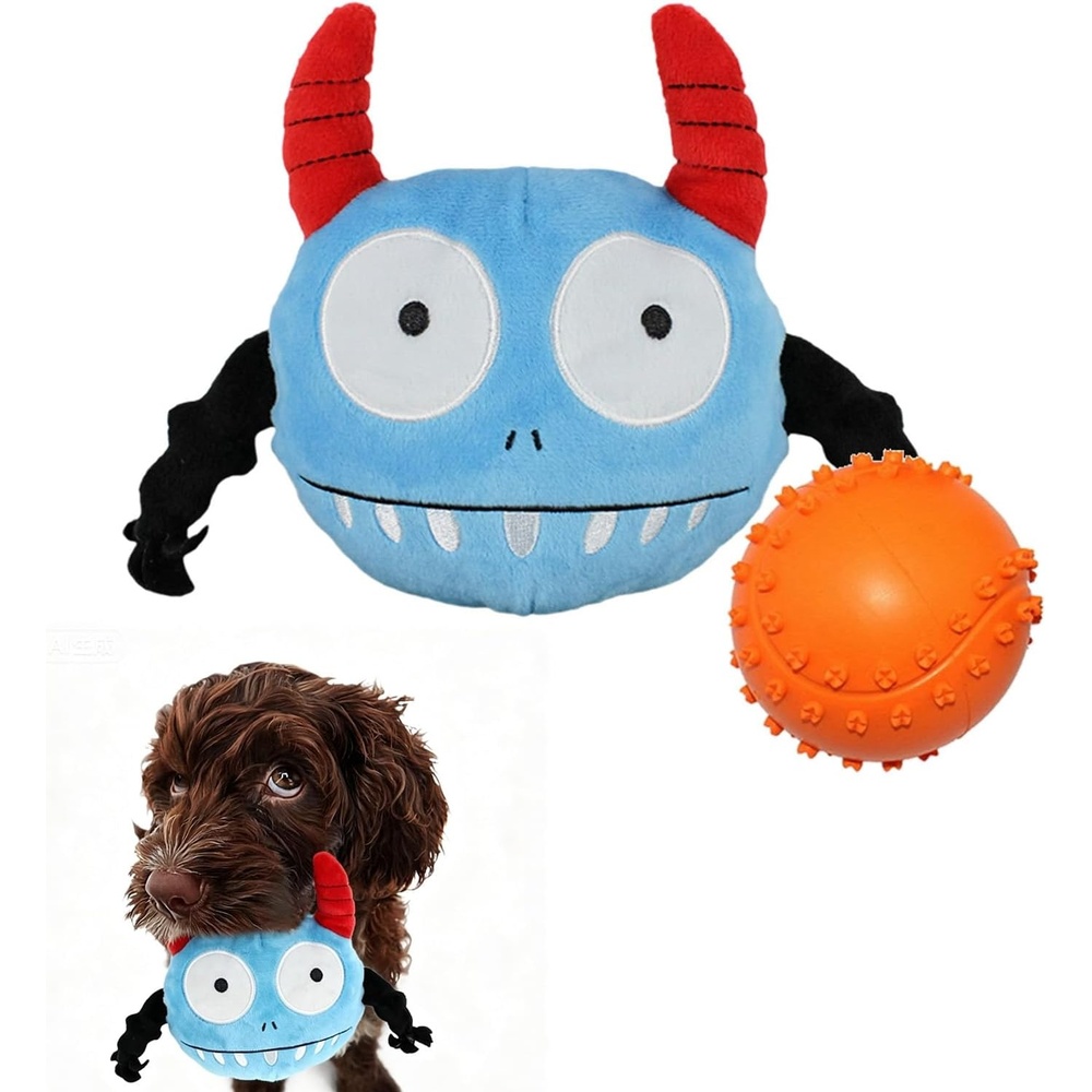 image:imageEnjoying Dog Interactive Toys 2in1 Dog Plush Squeaky Small Balls Pet Toys Halloween Xmas for Small Medium Large Dogs Blue MonsterCool Blue