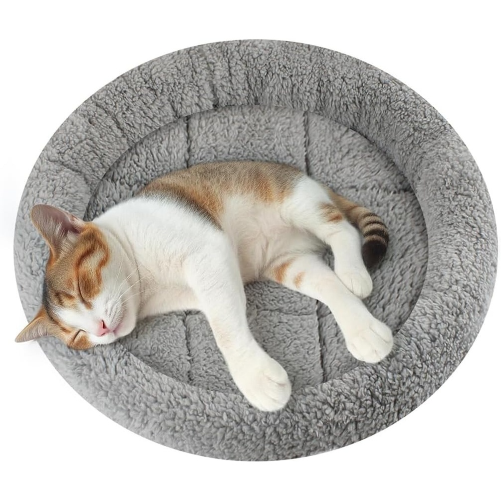 image:imageEnjoying Plush Cat Bed Mat Diameter 195 Round Pad with Pillow Around for Cats Dogs RelyingCurling Sleep Warm Dog Cushion for Crates Antiskid Bottom Large GraySmallRound