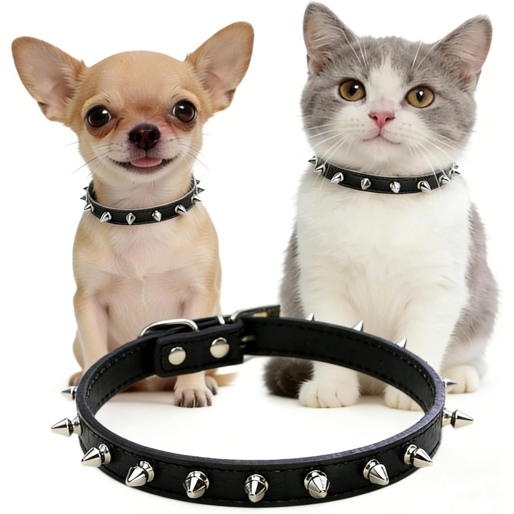 image:imageEnjoying Spike Cat Collar Spiked Dog Collar for ExtraSmall to Small Dogs AntiBite Studded Protective Faux Leather Spiky Collar with Metal Rings for Hold Pet TagsLeash Adjustable Red XSBlack