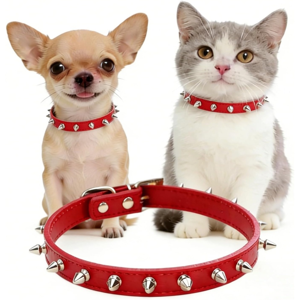 image:imageEnjoying Spike Cat Collar Spiked Dog Collar for ExtraSmall to Small Dogs AntiBite Studded Protective Faux Leather Spiky Collar with Metal Rings for Hold Pet TagsLeash Adjustable Red XSRed