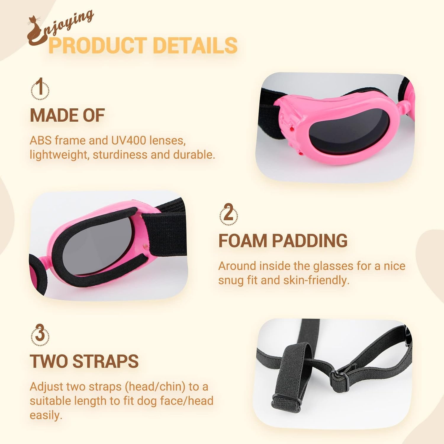 image:imageEnjoying Dog Goggles ExtraSmall to Small Breeds Dog Sunglasses UV Protection Driving Eye Protection for Little Dogs Breathable Windproof Dustproof AntiFog Adjustable Straps Panda WhiteClassic Pink