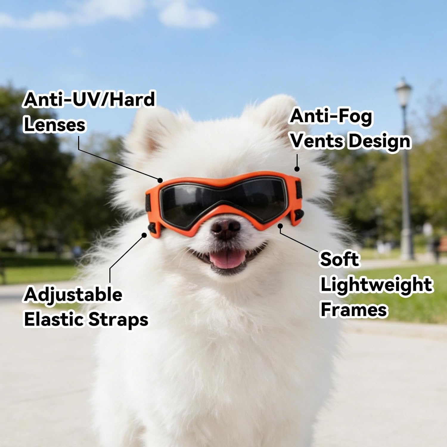 image:imageEnjoying Dog Goggles ExtraSmall to Small Breeds Dog Sunglasses UV Protection Driving Eye Protection for Little Dogs Breathable Windproof Dustproof AntiFog Adjustable Straps Panda WhiteStyle Orange