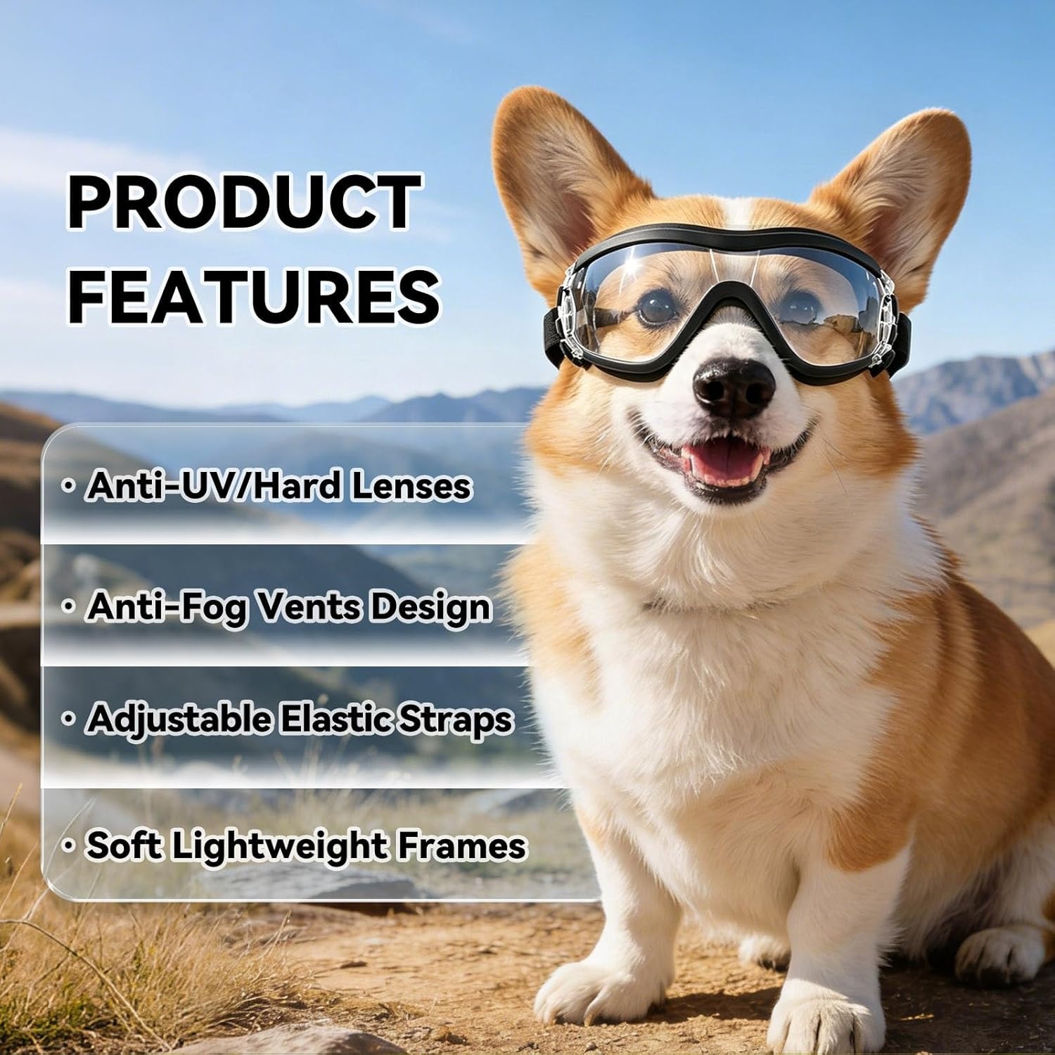 image:imageEnjoying Dog Goggles ExtraSmall to Small Breeds Dog Sunglasses UV Protection Driving Eye Protection for Little Dogs Breathable Windproof Dustproof AntiFog Adjustable Straps Panda WhiteGloss Clear