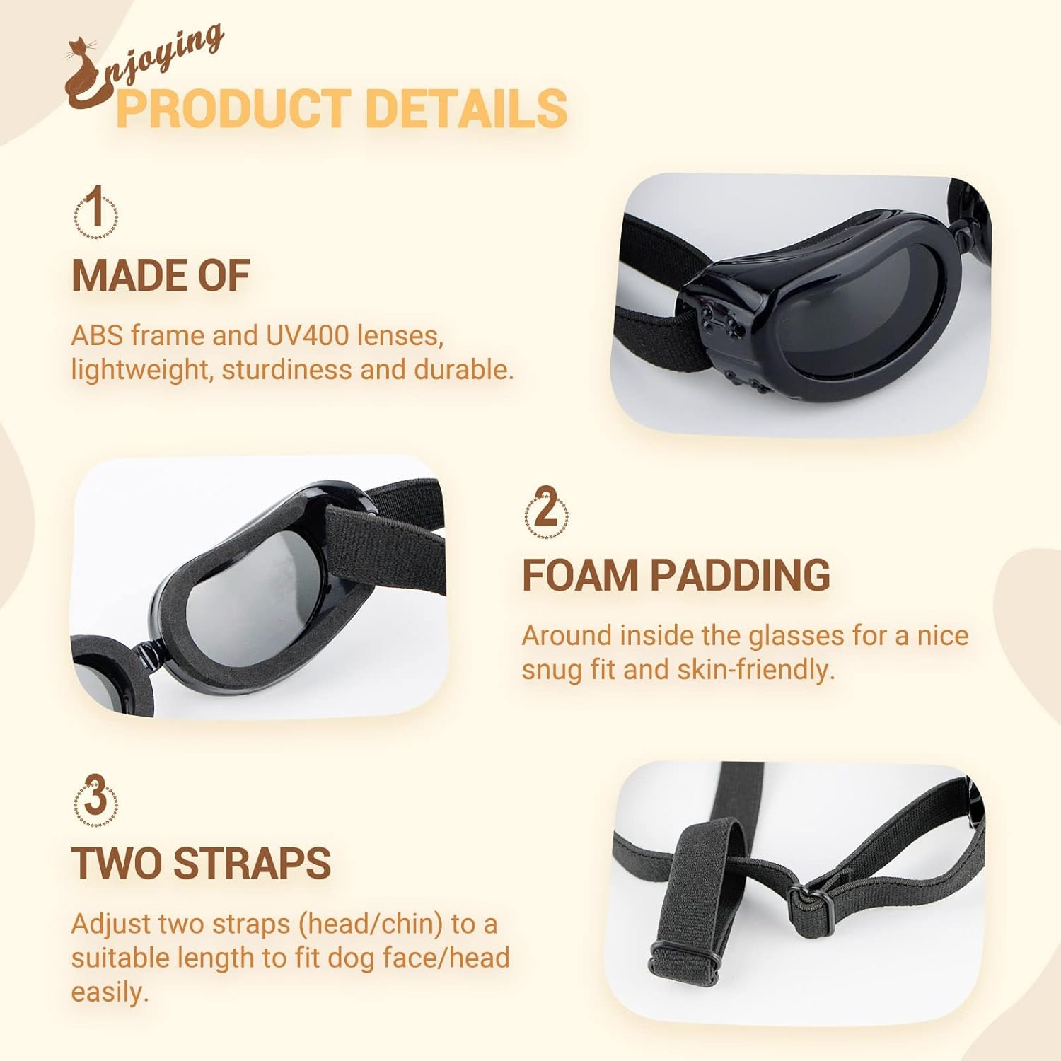 image:imageEnjoying Dog Goggles ExtraSmall to Small Breeds Dog Sunglasses UV Protection Driving Eye Protection for Little Dogs Breathable Windproof Dustproof AntiFog Adjustable Straps Panda WhiteClassic Black