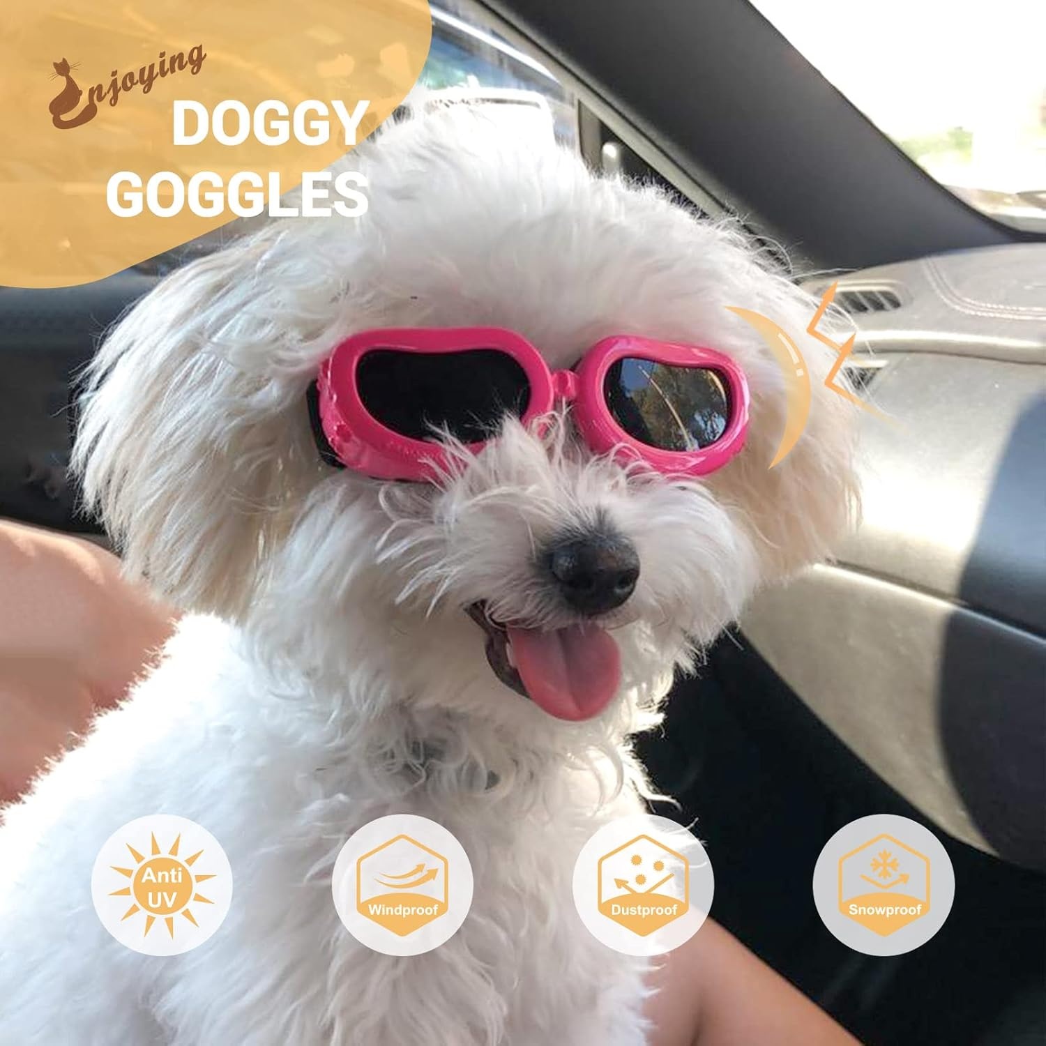 image:imageEnjoying Dog Goggles ExtraSmall to Small Breeds Dog Sunglasses UV Protection Driving Eye Protection for Little Dogs Breathable Windproof Dustproof AntiFog Adjustable Straps Panda WhiteClassic Pink